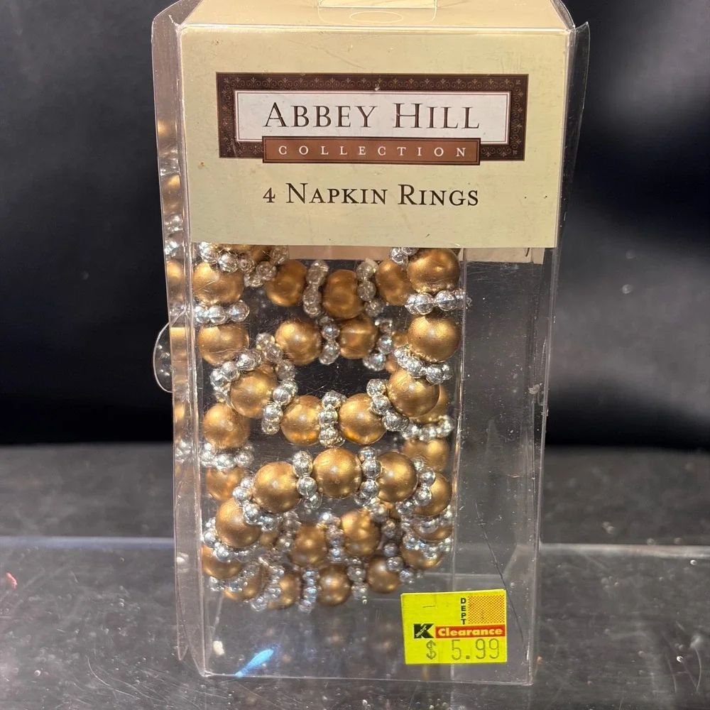 Abbey Hill Collection Beaded Napkin Rings Set of 4 Gold Silver Metallic